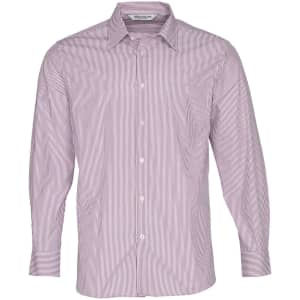 A long sleeve button-up shirt featuring a red and white stripe pattern, with a chest pocket and branding.