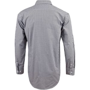 A black and white gingham check roll-up long sleeve shirt with a button-up design and a logo.
