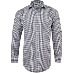 A black and white gingham check long-sleeve button-up shirt with a logo on the sleeve.