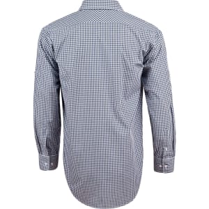 A men's long-sleeve shirt featuring a navy and white gingham check pattern, with roll-up sleeves and a logo.