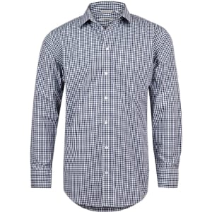A men's long-sleeve button-up shirt in a blue and white gingham check pattern, featuring a collar and cuffed sleeves.
