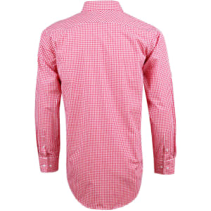 A red gingham check men's button-up shirt, featuring long sleeves and a classic collar, with a logo.