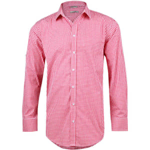A men's long-sleeve button-up shirt in red and white gingham check pattern with roll-up sleeves. It features a branding logo.