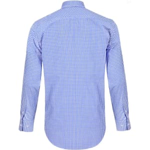 A blue and white gingham check men's roll-up long sleeve shirt, featuring a button-up design and a branding logo.
