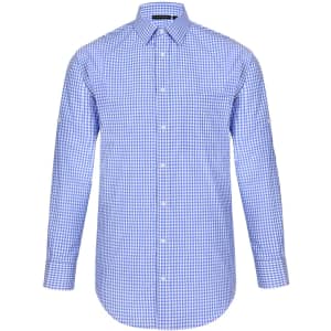 A blue and white gingham check roll-up long sleeve shirt with a button-up design and a logo.