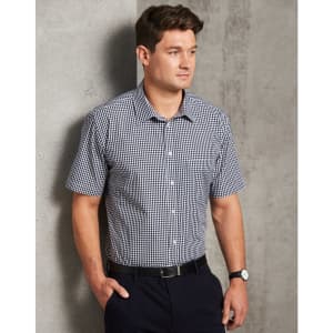 A men's short-sleeve button-up shirt in black and white gingham check, featuring a collar and a logo.