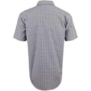 Men's short-sleeve shirt in a black and white gingham check pattern, featuring a collared neck and a logo.
