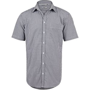 A short-sleeve men's button-up shirt with a black and white gingham check pattern. The shirt features a collar and front buttons.