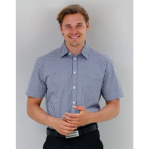 A short-sleeved men's button-up shirt in navy and white gingham check pattern, featuring a logo.