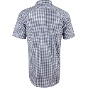 A short-sleeve men's shirt featuring a navy and white gingham check pattern, with a back view showing the shirt's design.