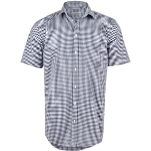 A short-sleeve navy and white gingham check button-up shirt with a collar and logo branding.