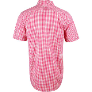 A short-sleeve men's shirt in red and white gingham check pattern with a button-up collar. Features a logo.