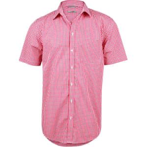 A short-sleeved button-up shirt in red and white gingham check pattern, featuring a pocket and a logo.