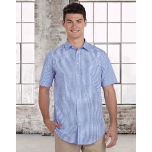 A short-sleeved men's button-up shirt in blue and white gingham check, featuring a logo on the chest.
