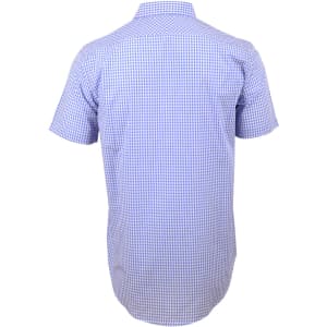 A short-sleeved men's shirt in a blue and white gingham check pattern, featuring a collar and a logo on the back.