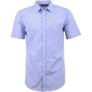 A short-sleeved men's button-up shirt in a blue and white gingham check pattern, featuring a collar and buttons.