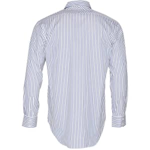A men's long sleeve shirt in white with blue stripes, featuring a button-up design and a logo on the back.