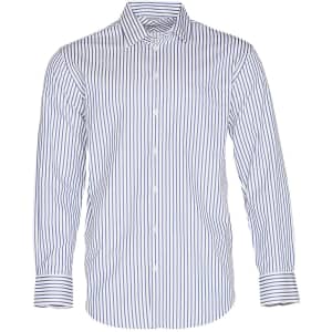 A long sleeve button-up shirt featuring blue and white sateen stripes, with a pocket and a branded logo.