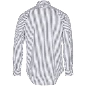A back view of a men's long sleeve button-up shirt featuring sateen stripes in white and navy. The shirt has a collar and cuffs.