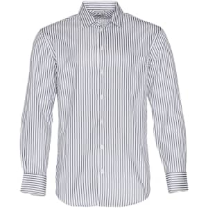 A long-sleeve button-up shirt with a sateen stripe pattern in white and navy blue, featuring a single chest pocket and collar.