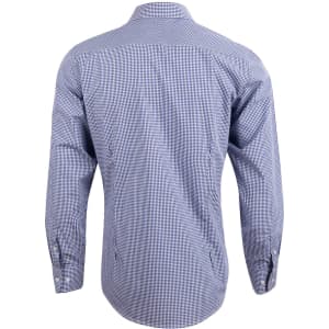 A blue and white check long-sleeve button-up shirt with a back view design. Features a collar and logo on the chest.