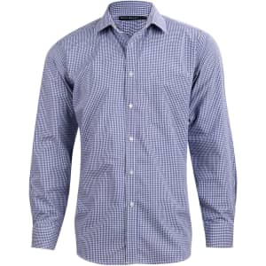 A men's long-sleeve button-up shirt in a navy and white two-tone check pattern, featuring a chest pocket and a logo.