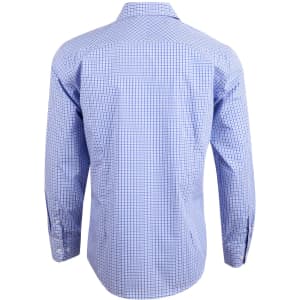 A long-sleeve shirt featuring a two-tone blue check pattern, with a classic button-up design and a logo on the back.