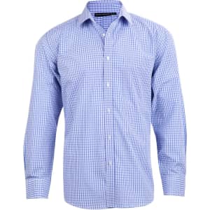 A men's long-sleeve button-up shirt featuring a blue and white check pattern, with a logo on the collar.