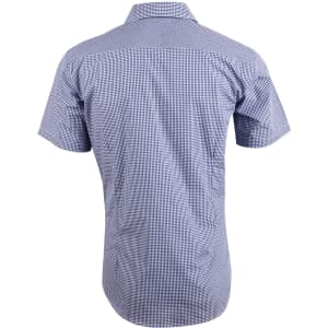 Men's short-sleeve button-up shirt in a blue and white two-tone check pattern, featuring a branded logo.