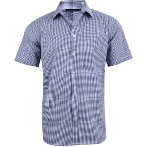 A short-sleeved, button-up shirt featuring a blue and white two-tone check pattern, with a pocket on the chest.