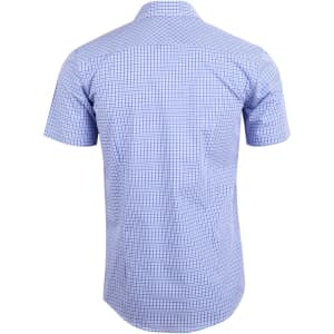 A short-sleeved button-up shirt featuring a two-tone blue check pattern and a logo on the back.