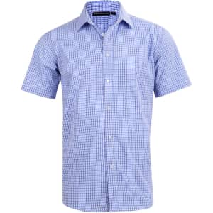 A men's short-sleeve button-up shirt with a two-tone blue check pattern and a logo on the collar.