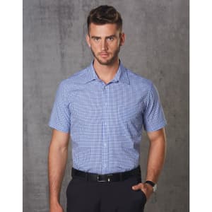 A short-sleeved, two-tone check button-up shirt in blue and white, featuring a fitted design and subtle branding.