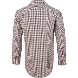 A brown and white gingham check button-up shirt with long roll-up sleeves and a logo.