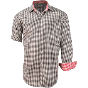 A men's black and white gingham check roll-up long sleeve shirt with red accents and a branded label.