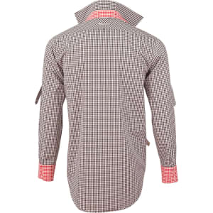 Men's long-sleeve roll-up shirt in black and white gingham check with red accents. Features a logo.