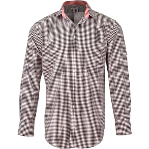 Men's long-sleeve button-up shirt in a black and white gingham check pattern with red detailing on the collar.