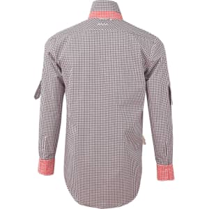 A men's long-sleeve button-up shirt in black and white gingham check with orange accents on the cuffs and collar.