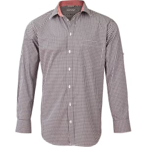 A men's black and white gingham check roll-up long sleeve shirt with a contrasting inner collar. Features a chest pocket and logo.