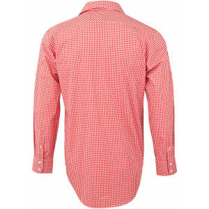A red and white gingham check roll-up long sleeve shirt with button cuffs and a branded logo.