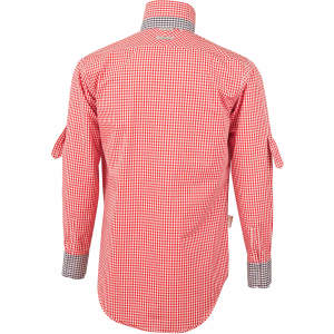 Men's roll-up long sleeve shirt in red and white gingham check pattern with a contrasting collar and buttoned cuffs.