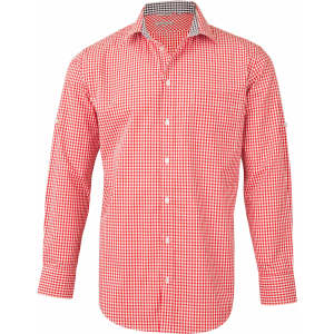 A red and white gingham check long sleeve button-up shirt featuring roll-up sleeves and a contrasting interior.