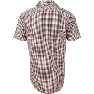 A short-sleeve men's button-up shirt featuring a brown and white gingham check pattern and a logo on the label.