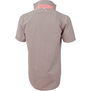 A brown and white gingham check short-sleeve button-up shirt with a red collar and branding.