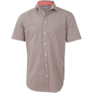 A short-sleeved men's button-up shirt featuring a black and white gingham check pattern with a red collar interior.