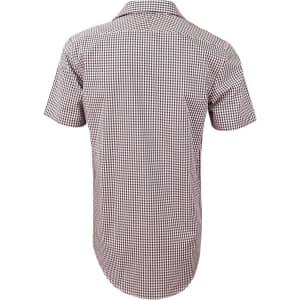 A short-sleeved men's button-up shirt featuring a brown and white gingham check pattern, with a logo on the back.