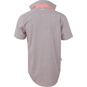 A short-sleeved men's shirt featuring a black and white gingham check pattern, with a contrasting collar and a logo.
