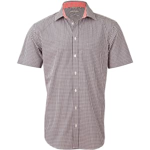A short-sleeved men's button-up shirt featuring a black and white gingham check pattern with a red collar interior.