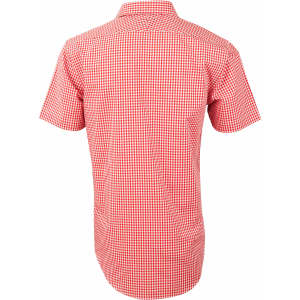 A short-sleeve men's button-up shirt in red and white gingham check pattern with a collar and logo.