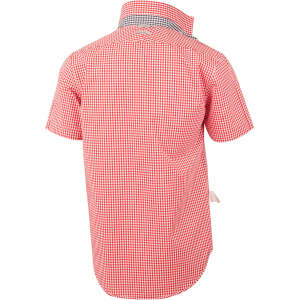 A short-sleeved men's button-up shirt in red and white gingham check pattern, featuring a collar and a logo.
